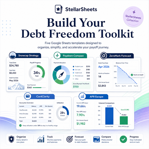 Debt Freedom Toolkit Google Sheets template collection preview showing all included trackers